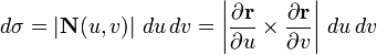 d\sigma = \left|\mathbf{N}(u,v)\right|\,du\,dv = \left|\frac{\partial\mathbf{r}}{\partial u}\times \frac{\partial \mathbf{r}}{\partial v}\right|\,du\,dv