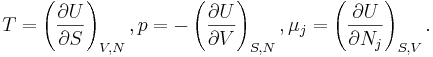 T=\left(\frac{\partial U}{\partial S}\right)_{V,N},  p = -\left(\frac{\partial U}{\partial V}\right)_{S,N},\mu_j = \left(\frac{\partial U}{\partial N_j}\right)_{S,V} . 
