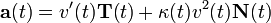 \mathbf{a}(t) = v'(t)\mathbf{T}(t) + \kappa (t)v^2(t)\mathbf{N}(t)