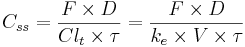C_{ss}=\frac{F\times D}{Cl_t \times \tau}=\frac{F\times D}{k_e\times V \times \tau}